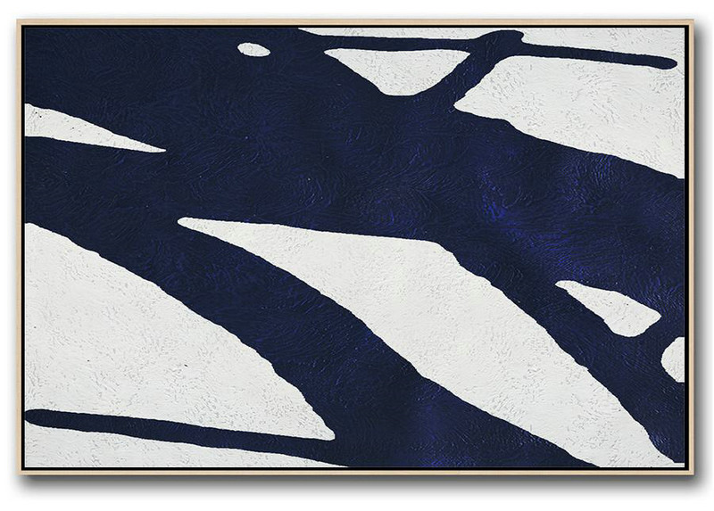 Modern Wall Art,Horizontal Abstract Painting Navy Blue Minimalist Painting On Canvas,Modern Art #R6F1